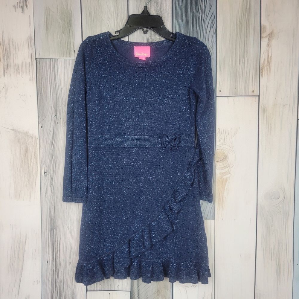 Lilly Pulitzer Girls Blue Ruffled Hem Shimmery Long Sleeve Dress Size 5